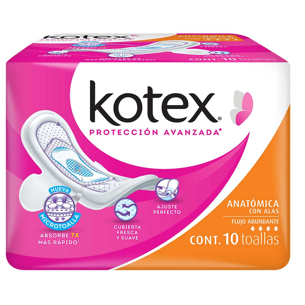 Toalla Femenina Kotex Anatómica con Alas Paquete con 10 Piezas