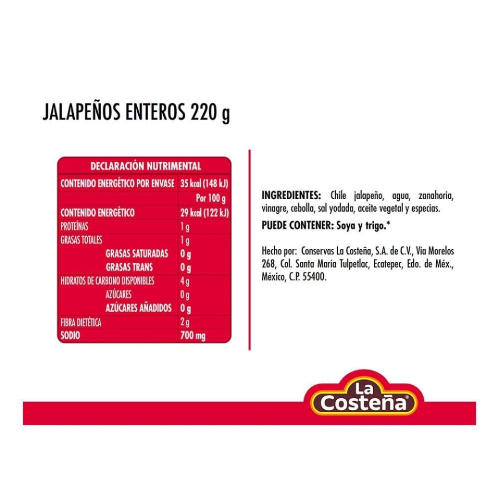 Chiles Jalapeños Enteros La Costeña 220 gr