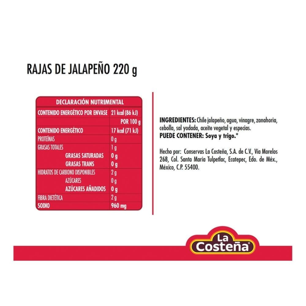 Chiles Jalapeños Rajas La Costeña 220 gr