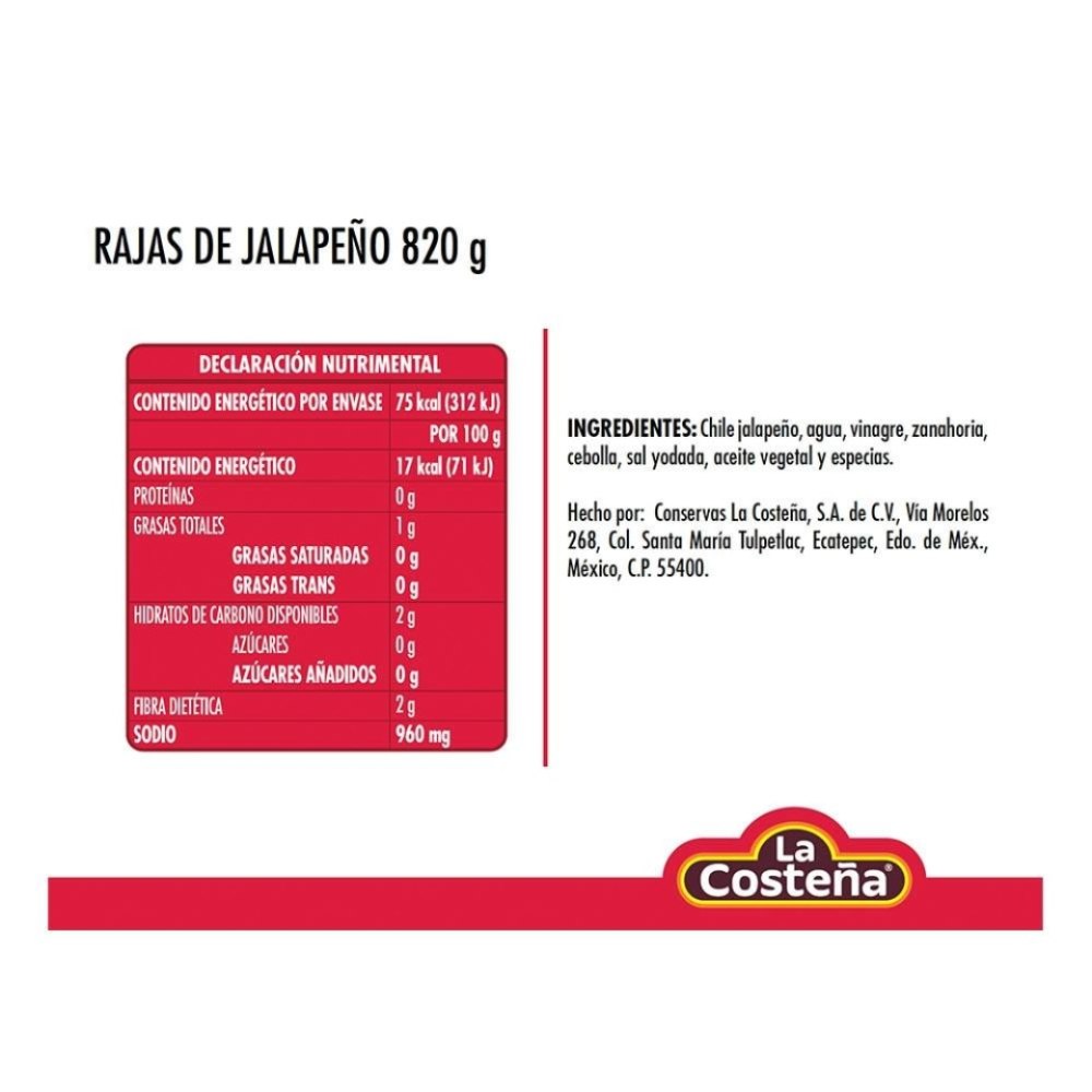 Chiles Jalapeños Rajas La Costeña 820 gr