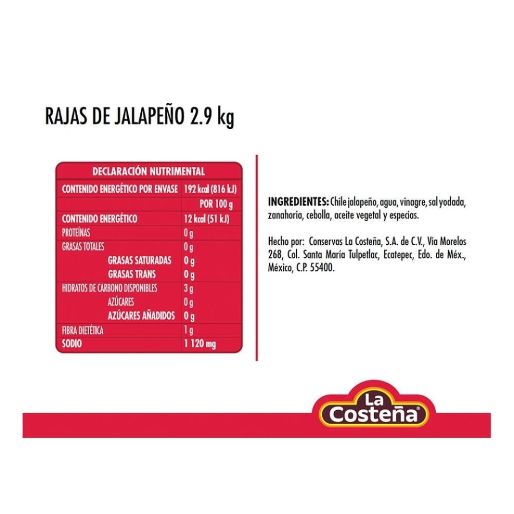 Chiles Jalapeños Rajas La Costeña 2.9 kg