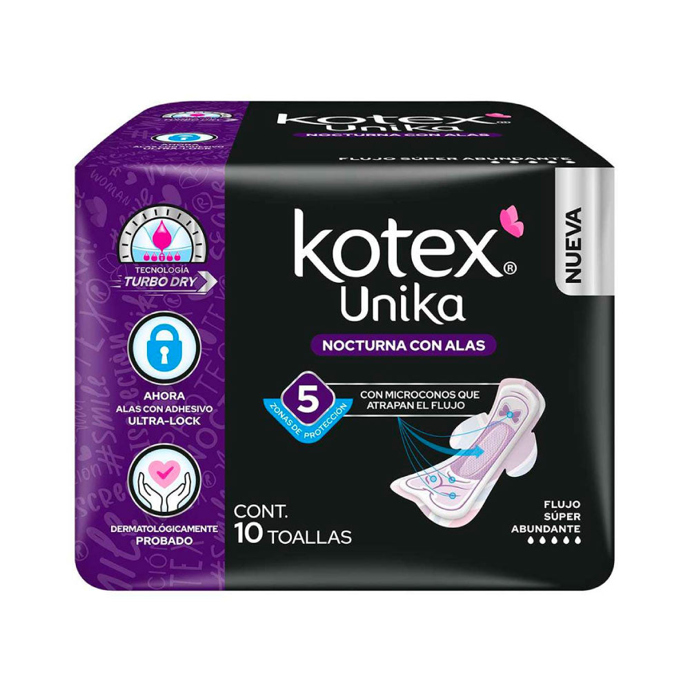 Toalla Femenina Kotex U Unika Nocturna con Alas Paquete con 10 Piezas