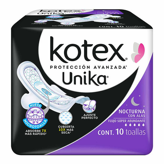 Toalla Femenina Kotex U Unika Nocturna con Alas Paquete con 10 Piezas