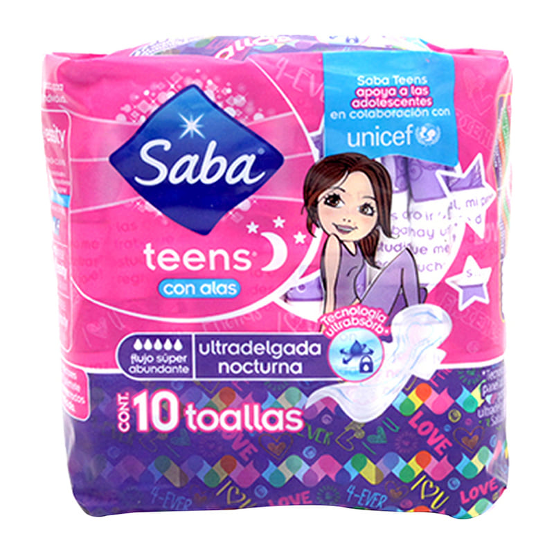 Toalla Femenina Saba Teens Nocturna con Alas Paquete con 10 Piezas