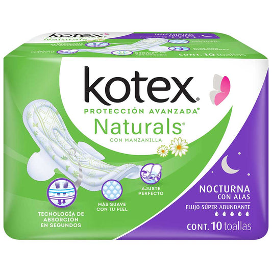 Toalla Femenina Kotex Manzanilla Nocturna con Alas Paquete con 10 Piezas