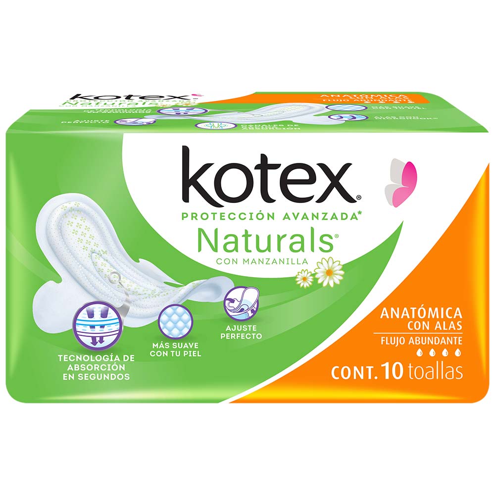 Toalla Femenina Kotex Manzanilla Anatómica con Alas Paquete con 10 Piezas