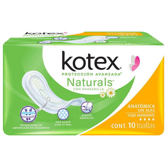 Toalla Femenina Kotex Manzanilla Anatómica Sin Alas Paquete con 10 Piezas