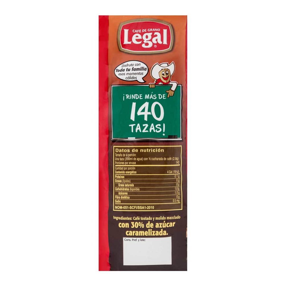 Cafe Legal Molido Tradicional en Doy Pack de 400 Gramos.