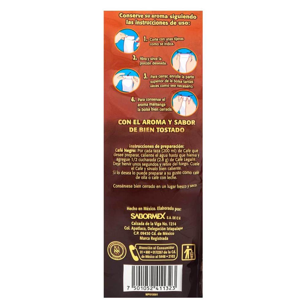 Cafe Legal Molido Tradicional en Doy Pack de 400 Gramos.