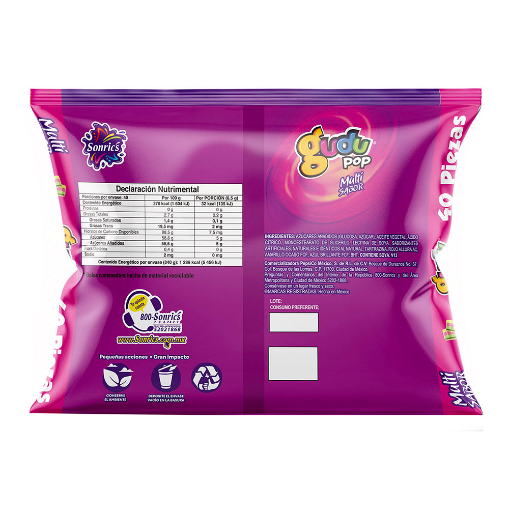 Paleta Gudu Pop Maciza Multisabor Con 40 Piezas De 8.5 Gramos