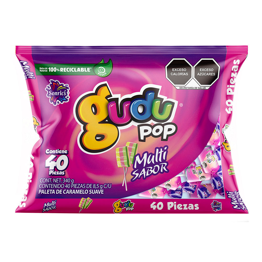 Paleta Gudu Pop Maciza Multisabor Con 40 Piezas De 8.5 Gramos